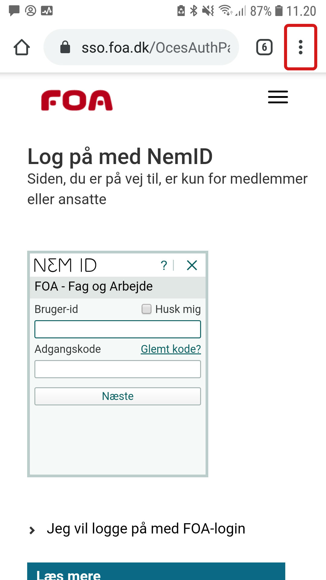 Screenshot fra en telefon med styresystemet Android. Action bar-ikonet er fremhævet.